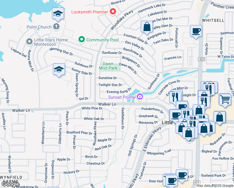 map of restaurants, bars, coffee shops, grocery stores, and more near 2352 Evening Song Drive in Little Elm