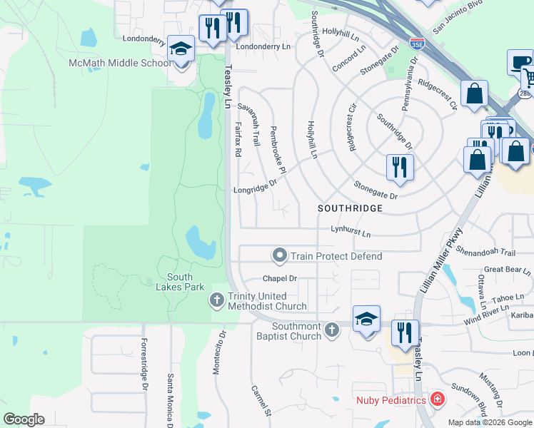 map of restaurants, bars, coffee shops, grocery stores, and more near 2224 Savannah Trail in Denton