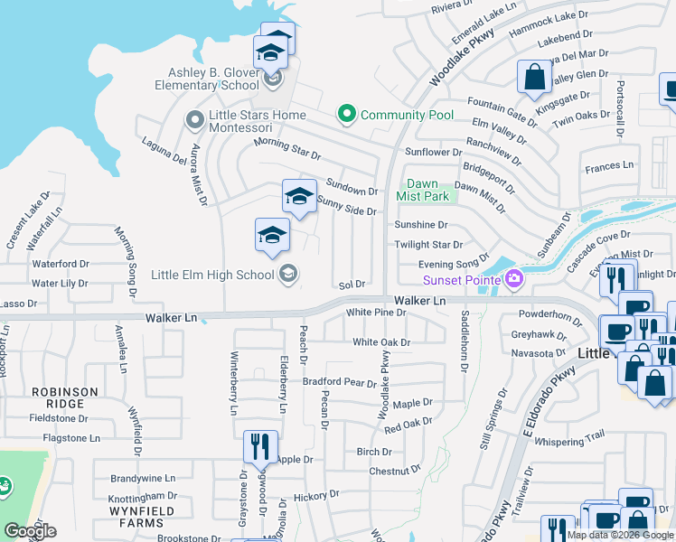 map of restaurants, bars, coffee shops, grocery stores, and more near 2712 Dawn Spring Drive in Little Elm
