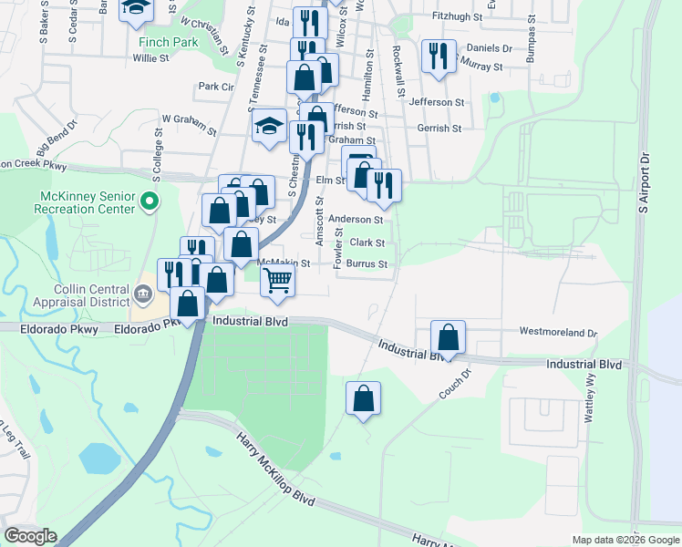 map of restaurants, bars, coffee shops, grocery stores, and more near 703 Dudperkins Street in McKinney
