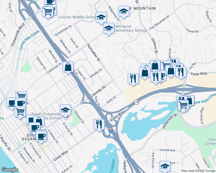 map of restaurants, bars, coffee shops, grocery stores, and more near 1707 Cassidy Street in Oceanside
