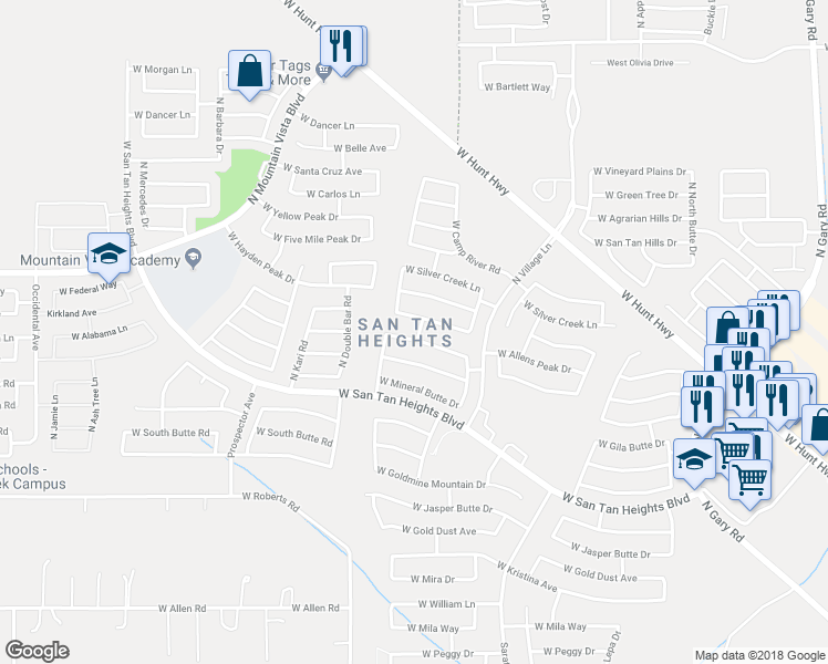 map of restaurants, bars, coffee shops, grocery stores, and more near 2896 West Tanner Ranch Road in Queen Creek