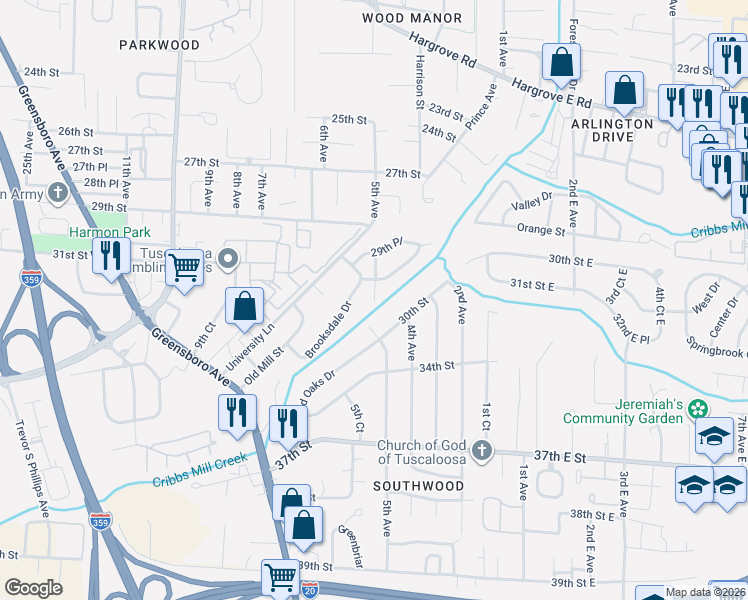 map of restaurants, bars, coffee shops, grocery stores, and more near 3035 5th Avenue in Tuscaloosa