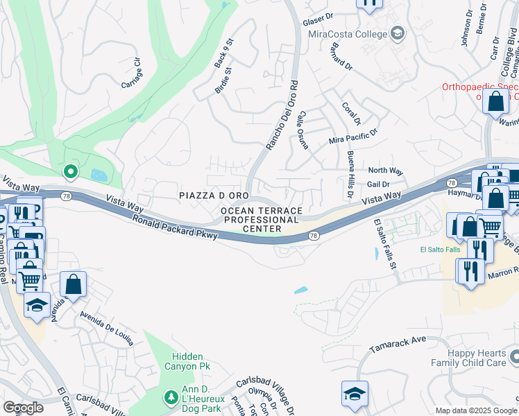 map of restaurants, bars, coffee shops, grocery stores, and more near 3603 Vista Way in Oceanside
