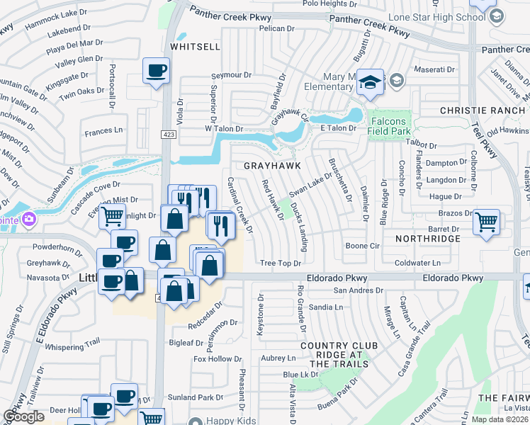 map of restaurants, bars, coffee shops, grocery stores, and more near 12411 Red Hawk Drive in Frisco