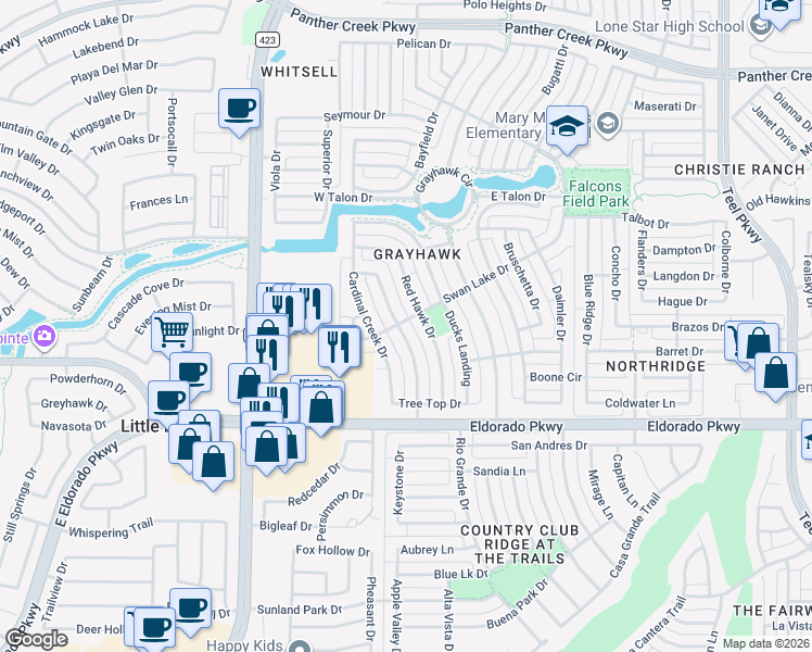 map of restaurants, bars, coffee shops, grocery stores, and more near 12411 Red Hawk Drive in Frisco