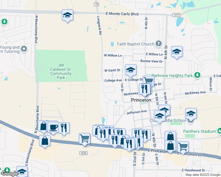 map of restaurants, bars, coffee shops, grocery stores, and more near 172 Prairie Creek Circle in Princeton
