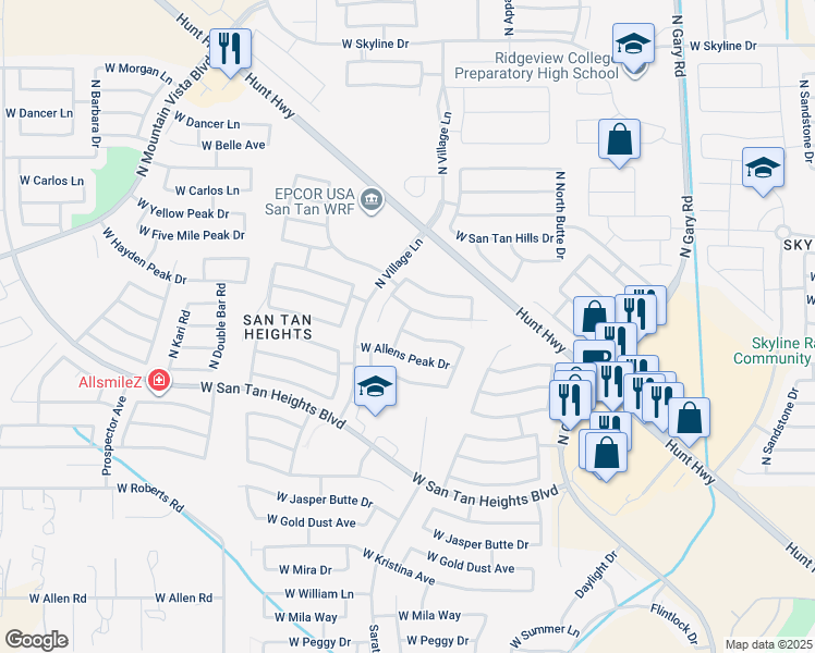 map of restaurants, bars, coffee shops, grocery stores, and more near 2454 West Hayden Peak Drive in San Tan Valley