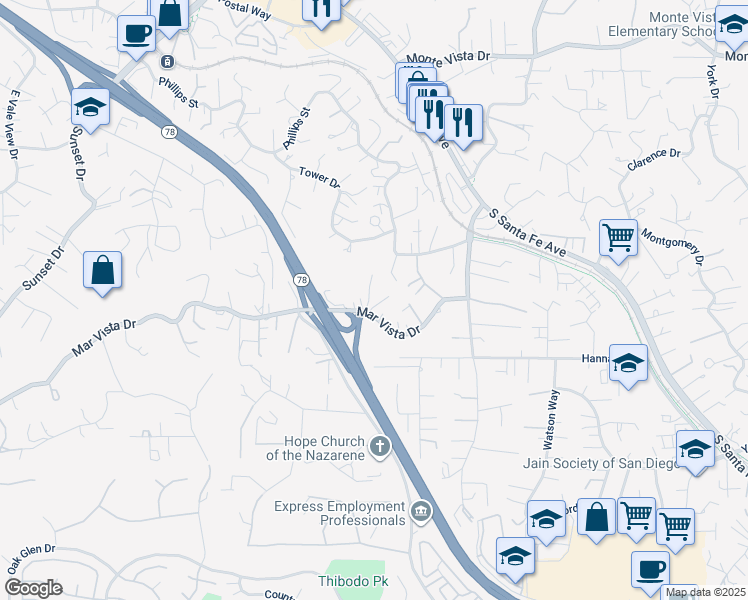 map of restaurants, bars, coffee shops, grocery stores, and more near 1493 Ronald Lane in Vista