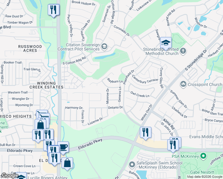 map of restaurants, bars, coffee shops, grocery stores, and more near 2200 Monroe Drive in McKinney