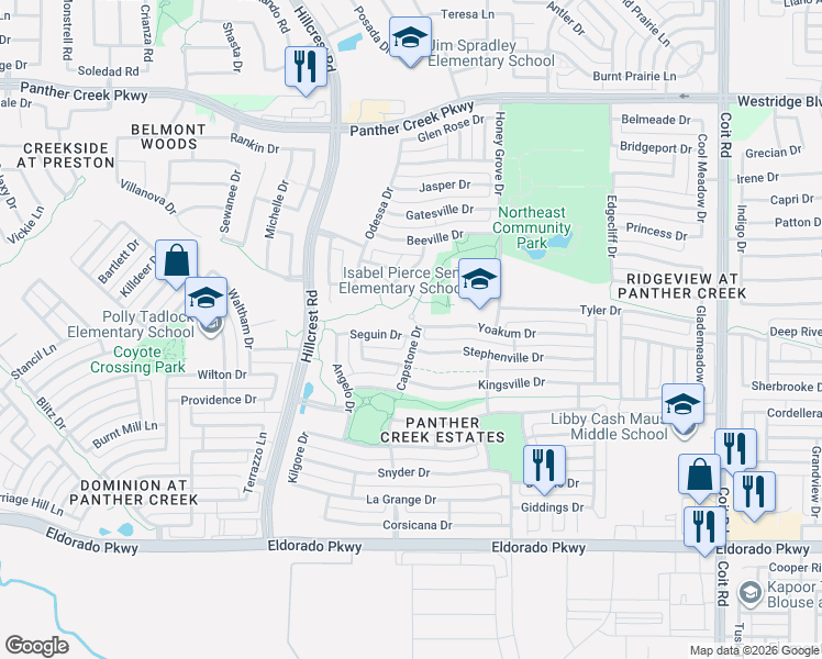 map of restaurants, bars, coffee shops, grocery stores, and more near 11398 Seguin Drive in Frisco