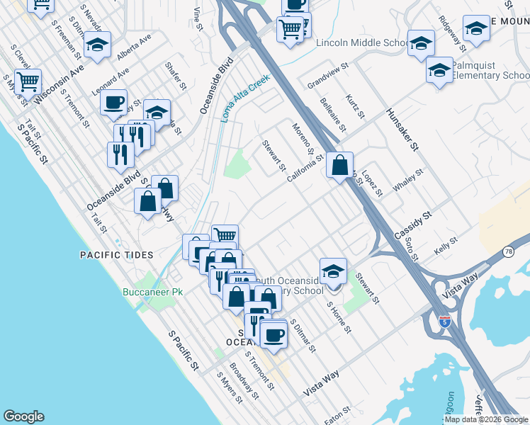map of restaurants, bars, coffee shops, grocery stores, and more near 1530 Lucky Street in Oceanside