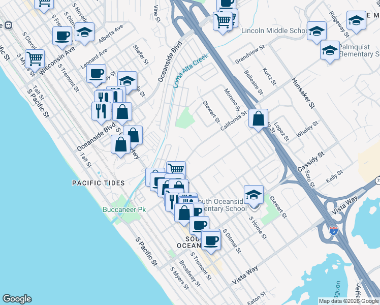 map of restaurants, bars, coffee shops, grocery stores, and more near 1435 Lucky Street in Oceanside