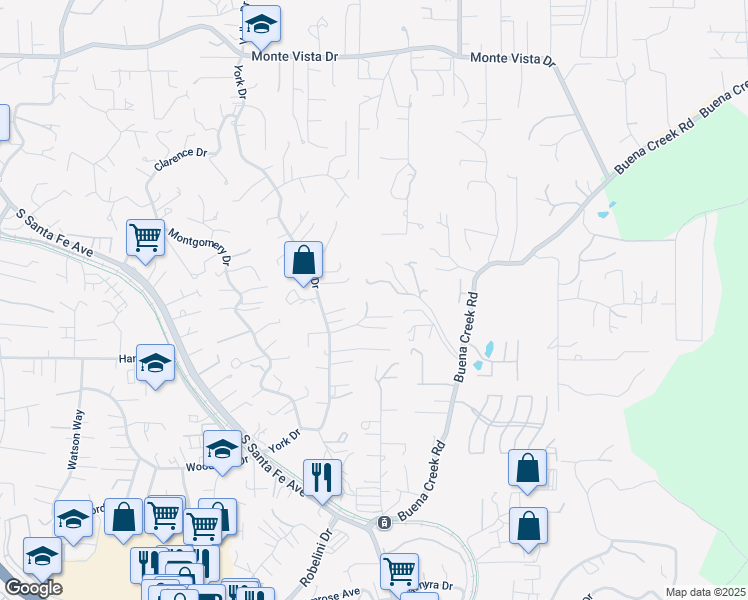 map of restaurants, bars, coffee shops, grocery stores, and more near 1616 York Drive in Vista