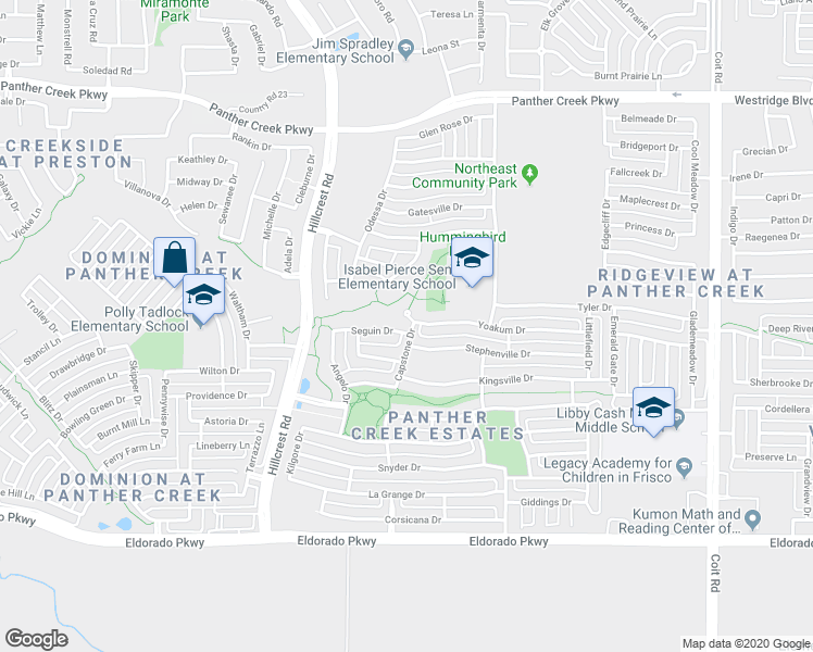 map of restaurants, bars, coffee shops, grocery stores, and more near 11398 Seguin Drive in Frisco