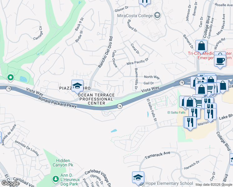 map of restaurants, bars, coffee shops, grocery stores, and more near 3545 Paseo De Francisco in Oceanside