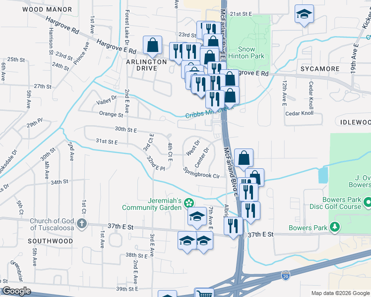map of restaurants, bars, coffee shops, grocery stores, and more near 106 5th Avenue East in Tuscaloosa