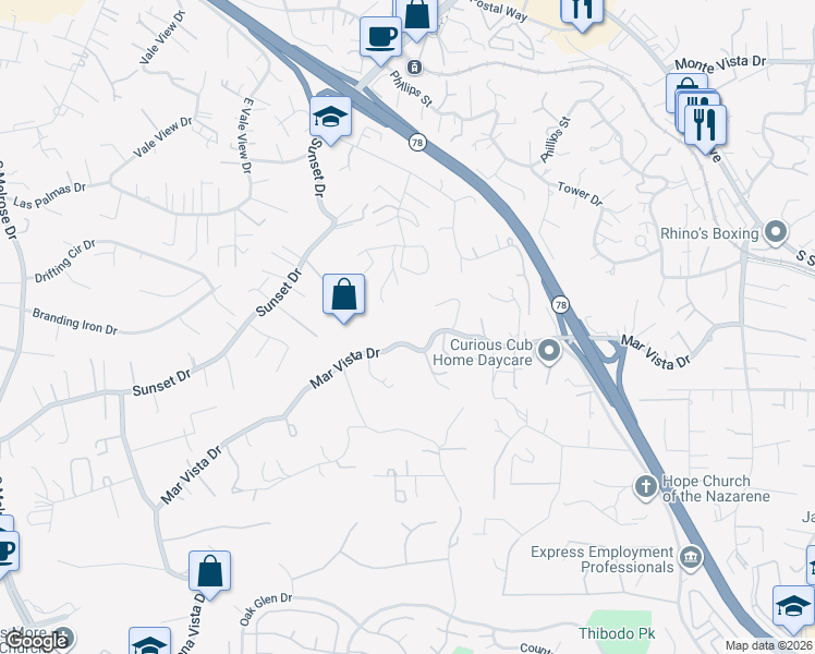 map of restaurants, bars, coffee shops, grocery stores, and more near 695 Mar Vista Drive in Vista