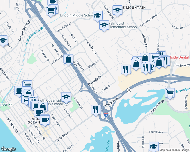 map of restaurants, bars, coffee shops, grocery stores, and more near 1602 Cassidy Street in Oceanside