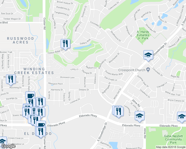 map of restaurants, bars, coffee shops, grocery stores, and more near 8205 Olympia Drive in McKinney