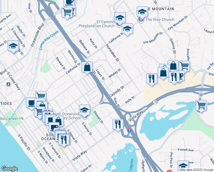 map of restaurants, bars, coffee shops, grocery stores, and more near 1500 Lauralynn Place in Oceanside