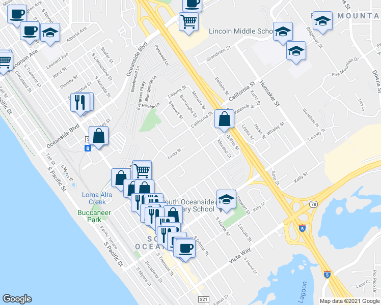 map of restaurants, bars, coffee shops, grocery stores, and more near 1108 Morse Street in Oceanside