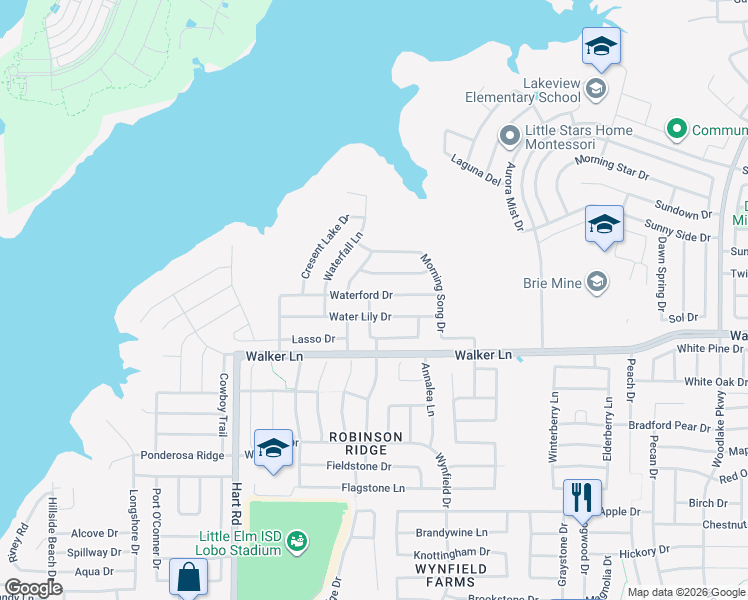 map of restaurants, bars, coffee shops, grocery stores, and more near 1408 Waterford Drive in Little Elm