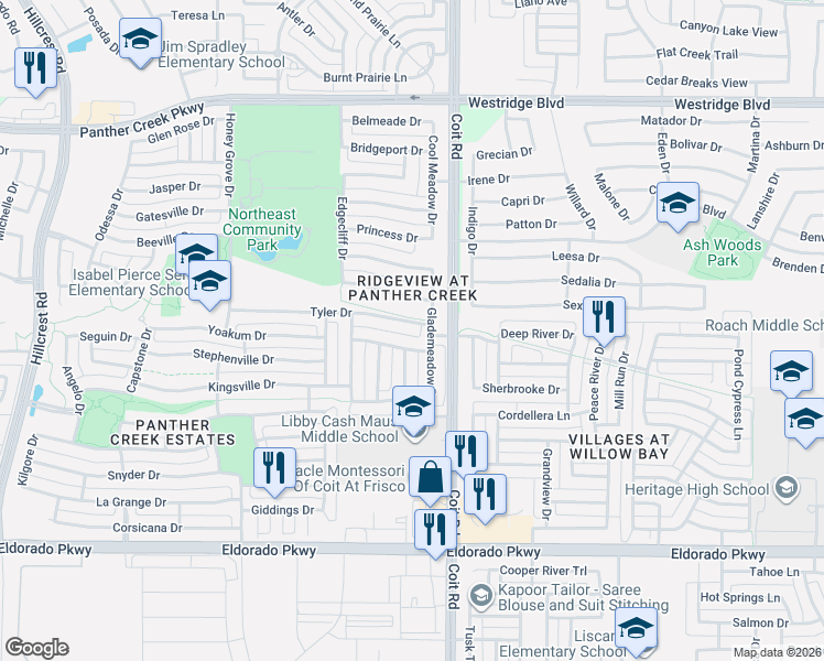 map of restaurants, bars, coffee shops, grocery stores, and more near 12533 Tyler Drive in Frisco