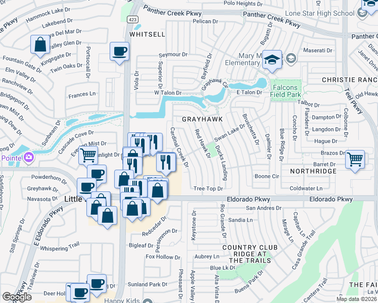 map of restaurants, bars, coffee shops, grocery stores, and more near 12407 Hawk Creek Drive in Frisco