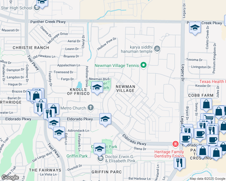 map of restaurants, bars, coffee shops, grocery stores, and more near 12473 Winding Hollow Lane in Frisco