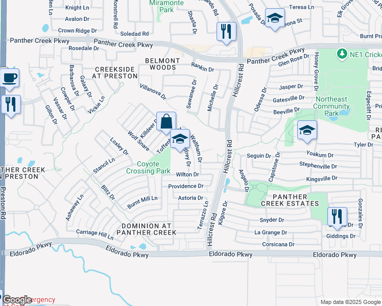 map of restaurants, bars, coffee shops, grocery stores, and more near 12584 Godfrey Drive in Frisco