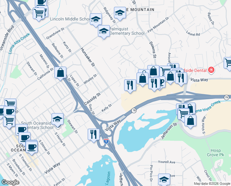 map of restaurants, bars, coffee shops, grocery stores, and more near 1824 Hunsaker Street in Oceanside