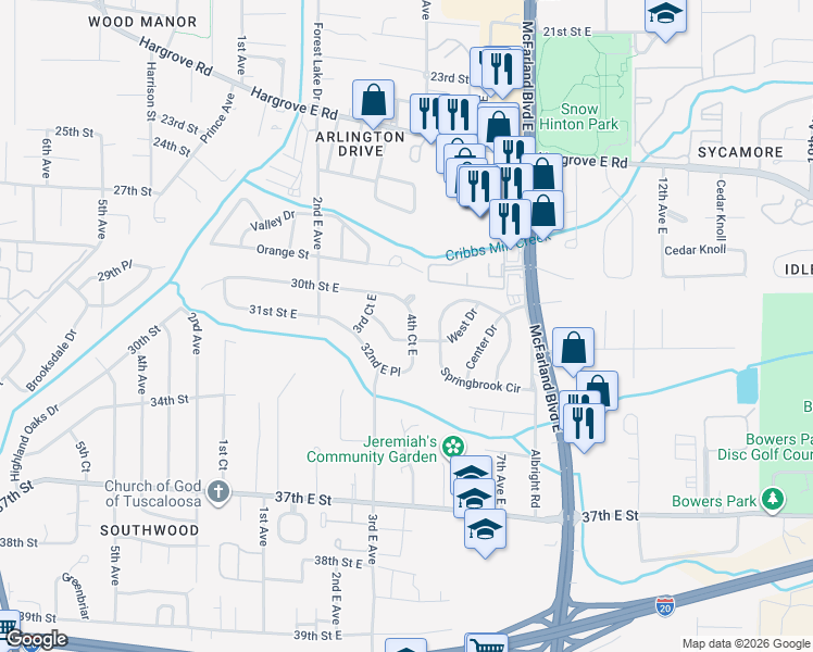 map of restaurants, bars, coffee shops, grocery stores, and more near 3028 4th Court East in Tuscaloosa