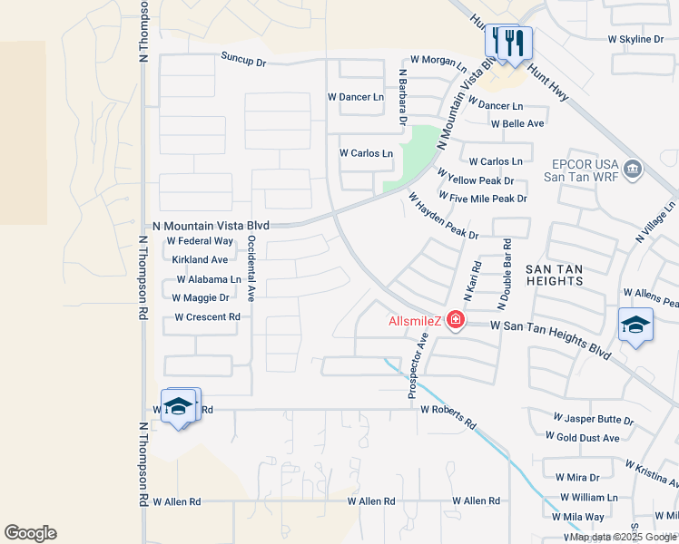 map of restaurants, bars, coffee shops, grocery stores, and more near 3867 West Alabama Lane in Queen Creek