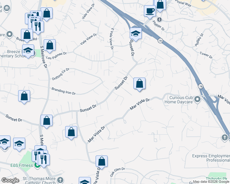 map of restaurants, bars, coffee shops, grocery stores, and more near 1002 Via Carina in Vista