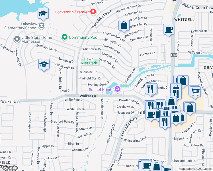 map of restaurants, bars, coffee shops, grocery stores, and more near 2388 Evening Song Drive in Little Elm