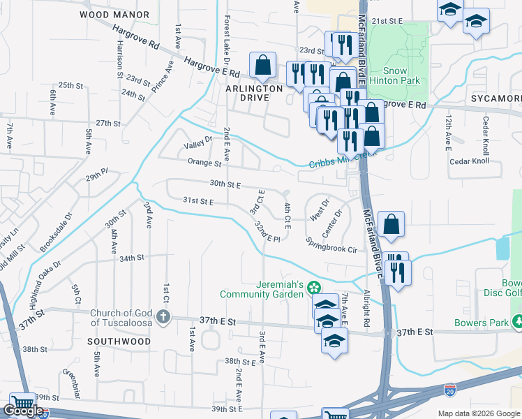map of restaurants, bars, coffee shops, grocery stores, and more near 3101 3rd Court East in Tuscaloosa