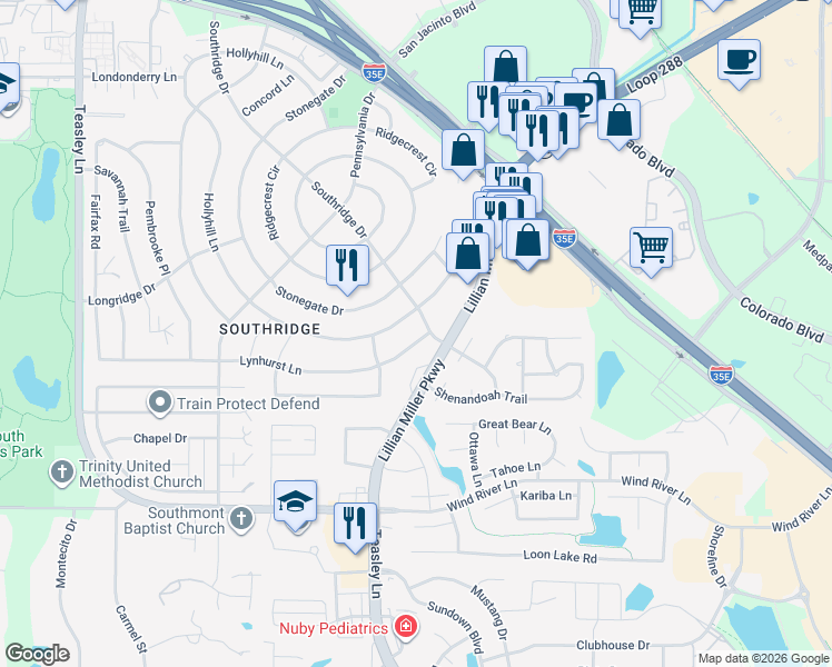 map of restaurants, bars, coffee shops, grocery stores, and more near 1709 Lynhurst Lane in Denton