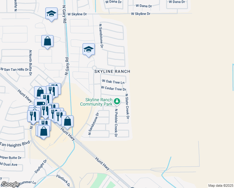 map of restaurants, bars, coffee shops, grocery stores, and more near 750 West Mesquite Tree Lane in Queen Creek