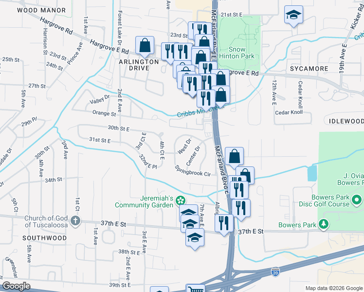 map of restaurants, bars, coffee shops, grocery stores, and more near 106 5th Avenue East in Tuscaloosa