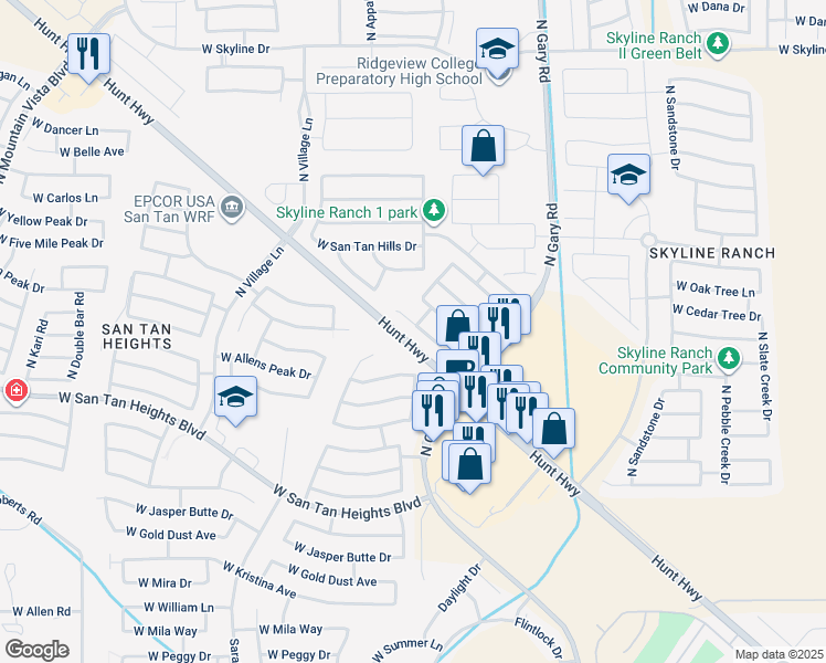 map of restaurants, bars, coffee shops, grocery stores, and more near 1847 West Desert Seasons Drive in Queen Creek