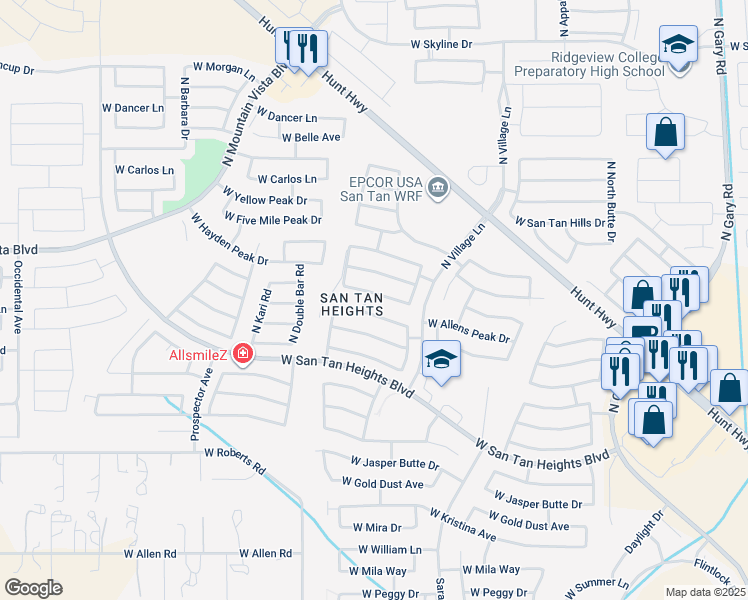 map of restaurants, bars, coffee shops, grocery stores, and more near 2896 West Tanner Ranch Road in Queen Creek