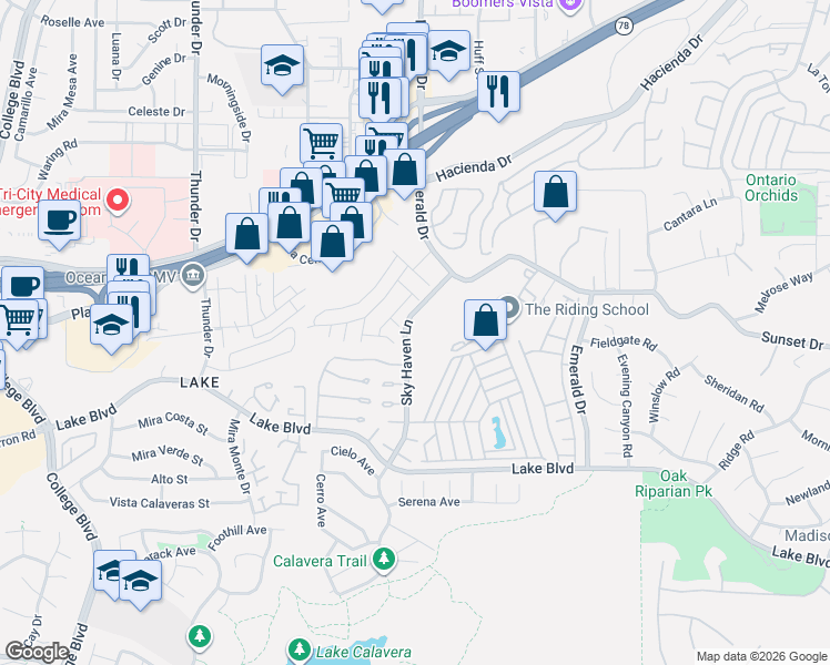 map of restaurants, bars, coffee shops, grocery stores, and more near 3529 Sky Haven Lane in Oceanside