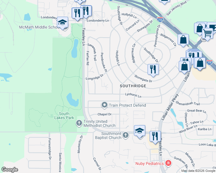 map of restaurants, bars, coffee shops, grocery stores, and more near 2224 Pembrooke Place in Denton