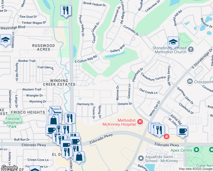map of restaurants, bars, coffee shops, grocery stores, and more near 8420 Brunswick Lane in McKinney