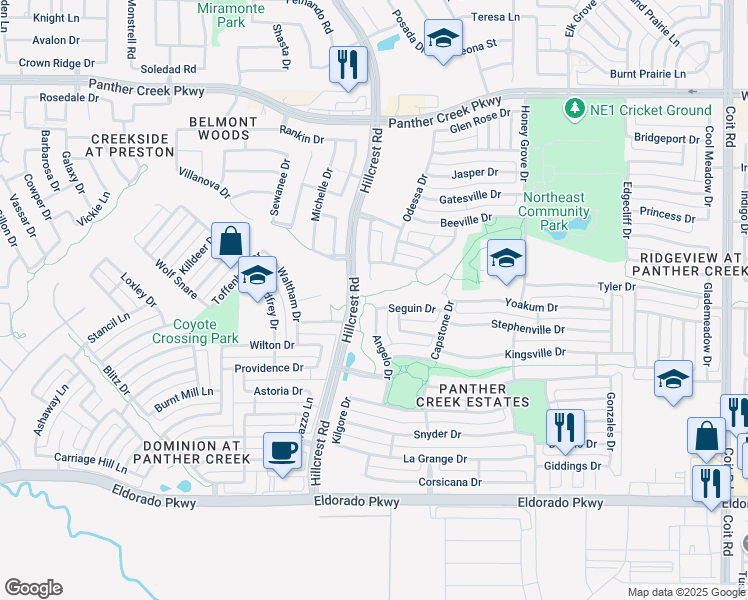 map of restaurants, bars, coffee shops, grocery stores, and more near 11104 Seguin Drive in Frisco