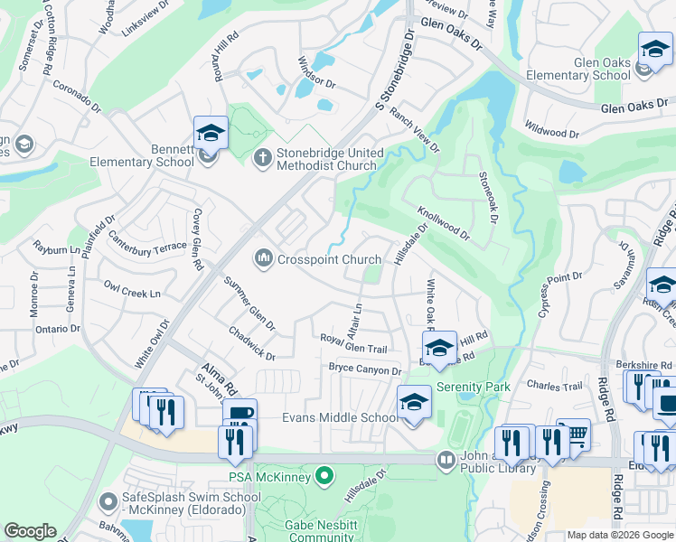 map of restaurants, bars, coffee shops, grocery stores, and more near 1921 Victoria Circle in McKinney