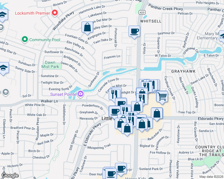 map of restaurants, bars, coffee shops, grocery stores, and more near 2732 Evening Mist Drive in Little Elm