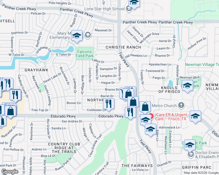 map of restaurants, bars, coffee shops, grocery stores, and more near 2226 Brazos Drive in Frisco
