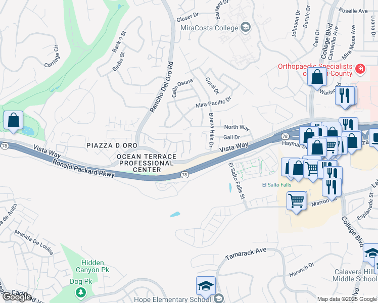map of restaurants, bars, coffee shops, grocery stores, and more near 3573 Paseo De Los Californianos in Oceanside